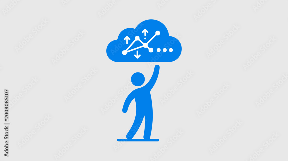 Fototapeta premium A blue person holding up a digital cloud with data flow and network connection icons.