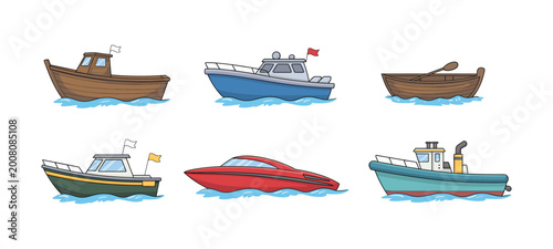 boat collection cartoon ships fishing boat speedboat yacht marine transport water illustration nautical vessels set ocean design