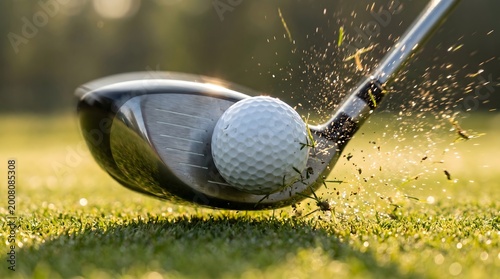 Golf club hitting ball with grass and dirt flying in slow motion