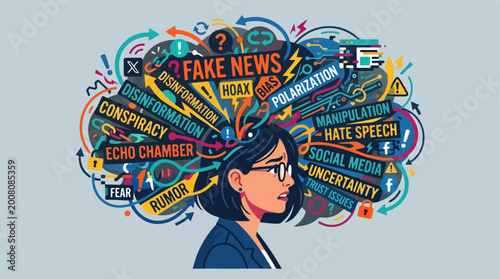 A woman overwhelmed by digital misinformation and social media chaos.