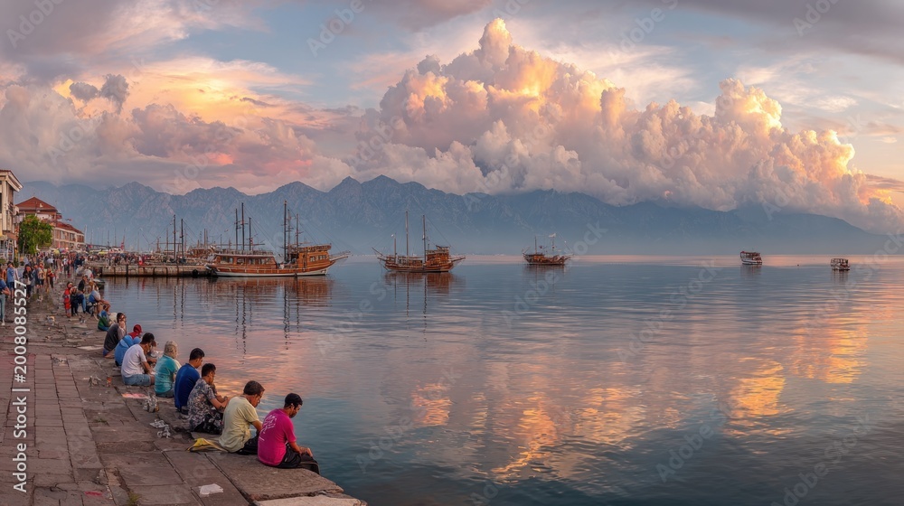 Obraz premium Panoramic view captures maritime scene with dramatic sunset illuminated clouds above distant mountains and people relaxing by the water's edge
