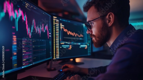Investor analyzing cryptocurrency charts on multiple monitors; neon lighting, fintech concept. generative ai