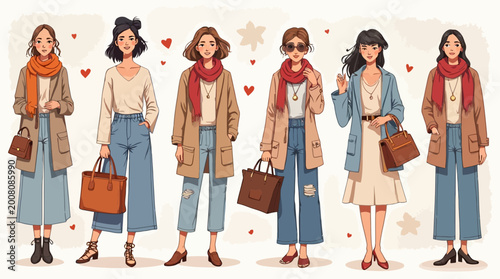 Six stylish women showcasing various autumn and winter fashion outfits with scarves and bags
