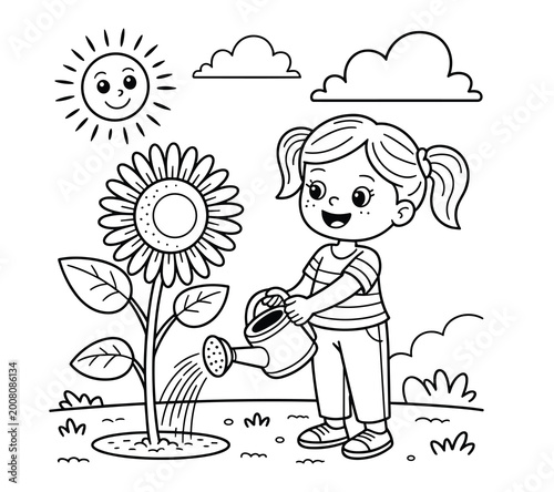 cute little girl watering sunflower garden coloring page line art kids illustration nature spring activity happy childhood scene