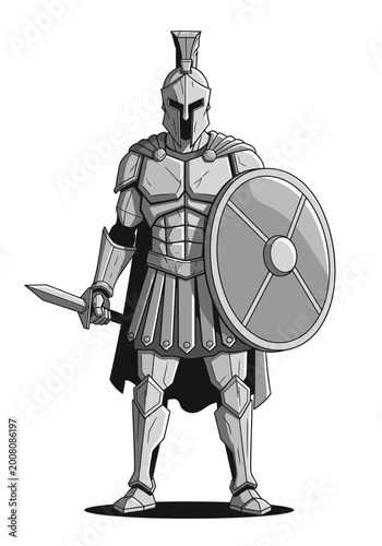 Tableau sur toile Spartan Warrior Illustration in Grayscale Armor with Shield and Sword - Ancient