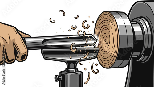 Bild auf Leinwand Hand shaping wood on a lathe with flying shavings.