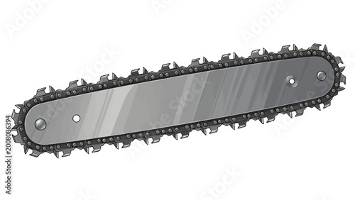 Close-up of a chainsaw cutting bar and chain on a white background