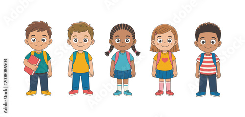 diverse school kids set cartoon children students backpack illustration multicultural boys girls education characters cute vector collection
