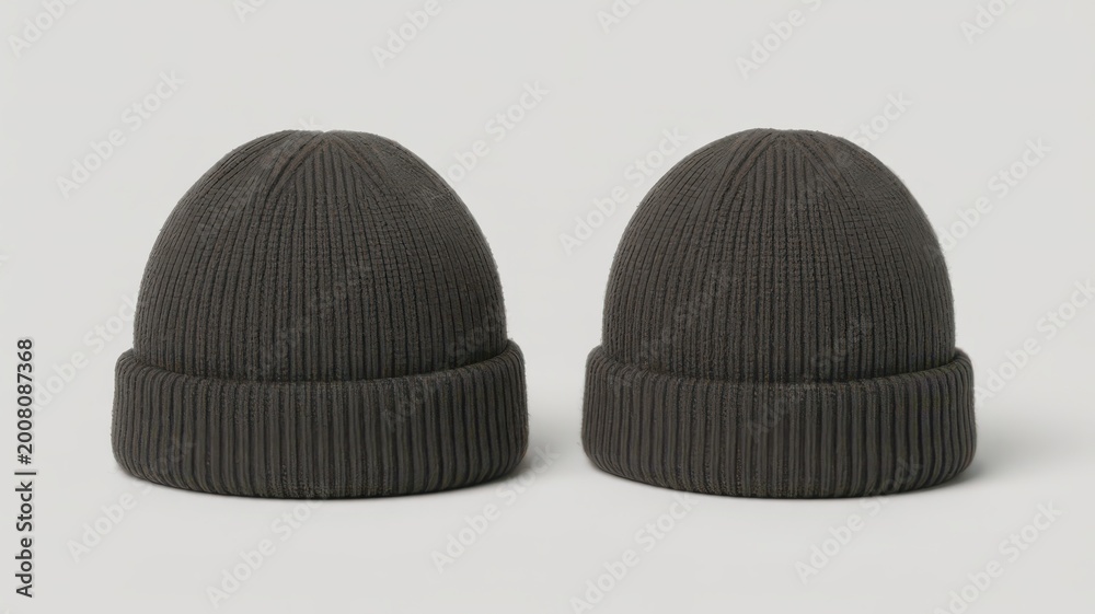 Fototapeta premium Two dark grey ribbed knitted beanies on a light grey background.