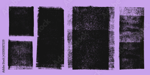 Hand drawn grunge linocut long shapes and bold stripes set. Vector old graphic dark imprints. Monotype printmaking effect texture on light purple bg. Distressed damaged edges vertical shapes set.