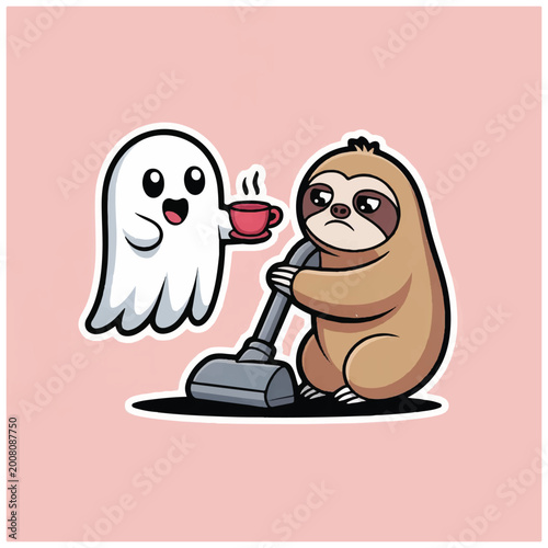 Fotografija Sloth holding vacuum and coffee cup.