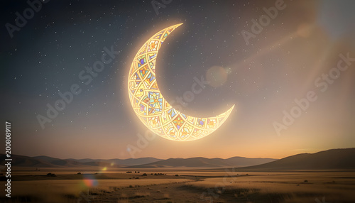 Stained Glass Crescent Moon Landscape