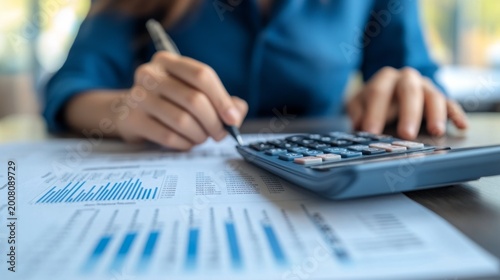 Person reviewing a financial report with a calculator and documents. generative ai