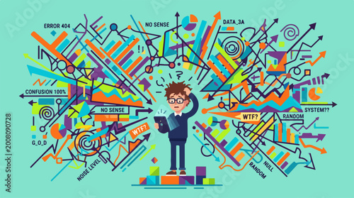 Business person overwhelmed by complex data and analytics.