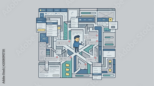 Business professional navigating complex digital labyrinth interface.