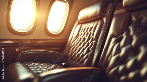 Interior of a private jet with leather seats and sunlight streaming through the window. generative ai