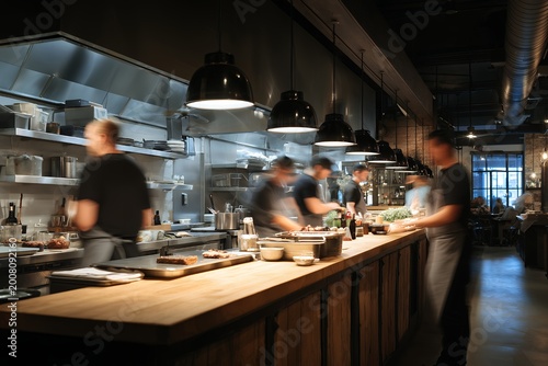 Blurred professional chefs and line cooks working in busy restaurant kitchen with stainless steel equipment, concept for culinary hospitality, food service and business operations