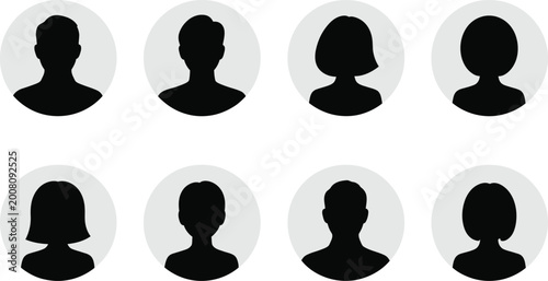 Foto Eight black human silhouettes in grey circles avatar
