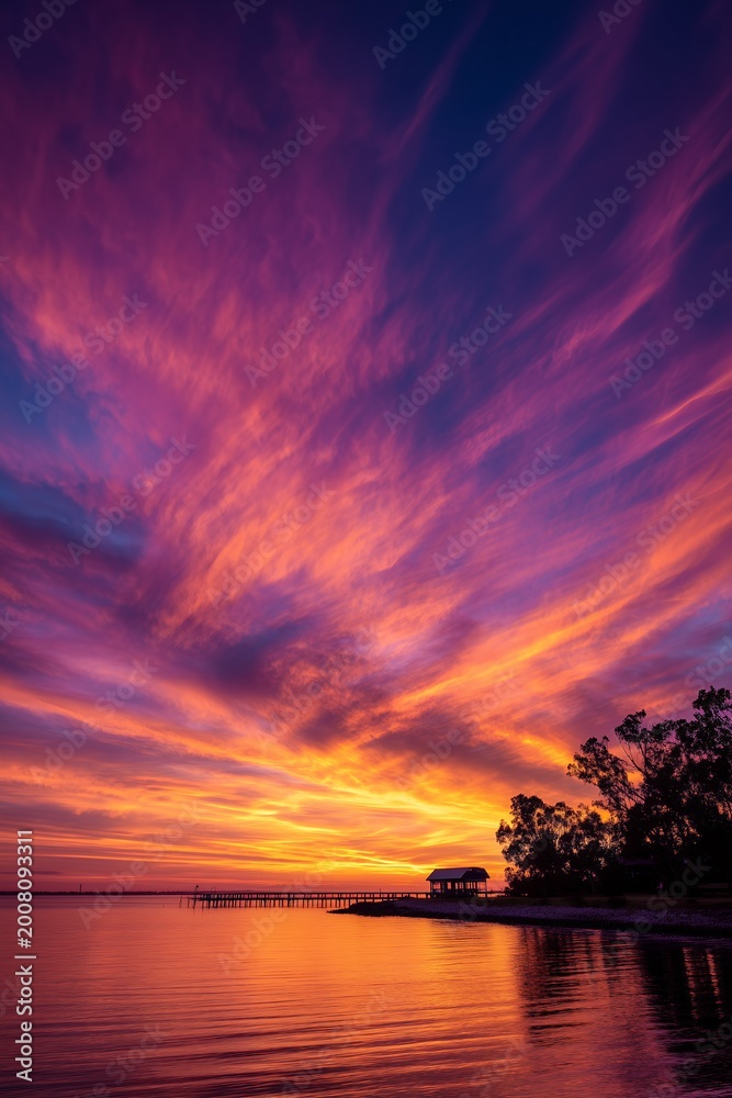 Fototapeta premium Breathtaking sunset with dramatic purple and orange cirrus clouds reflected on calm lake water with a wooden pier silhouette, concept for nature background, travel destination and wall art decor