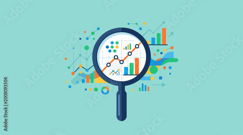 Magnifying glass examining financial data and business growth charts.
