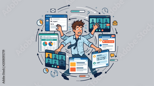 Overwhelmed employee multitasking with digital screens and video conferencing.