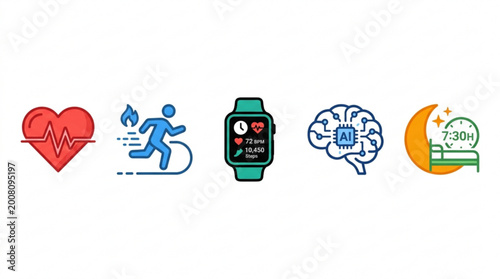 Fitness tracking icons set including heart rate running smartwatch brain activity and sleep schedule on white background for healthy lifestyle and technology concept