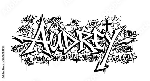 Audrey graffiti art bold lettering with religious and spiritual themes