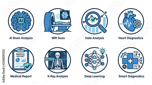 Medical ai diagnostics icons set including brain analysis mri scan data analysis heart diagnostics medical report x ray analysis deep learning smart diagnostics