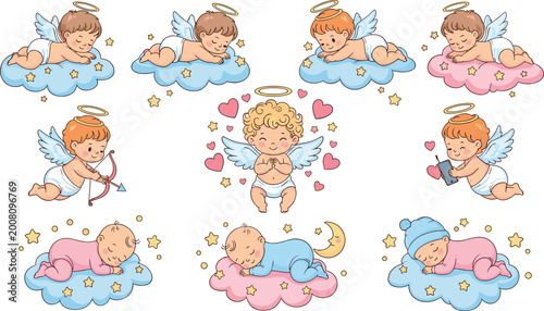 Fotografie Adorable Cherub Angels with Halos, Wings, and Baby Poses on Cloud Pillows, Featu