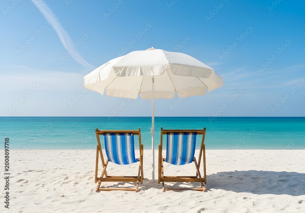 Fototapeta premium Serene beach escape two wooden chairs and a white umbrella under a bright blue sky perfect for relaxation