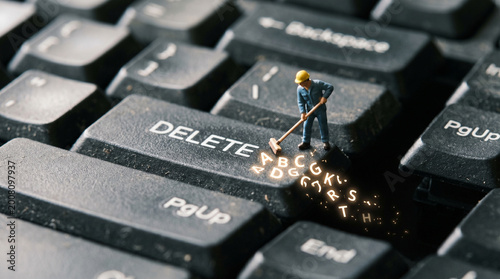 Miniature worker sweeping letters on delete key of computer keyboard.