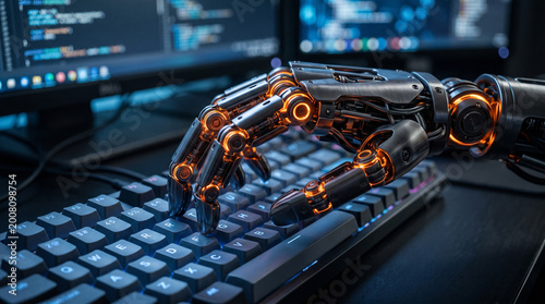 Complex metal robotic hand interacting with modern computer keyboard layout.