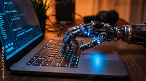 Cybernetic robotic arm working on complex programming code on laptop screen.