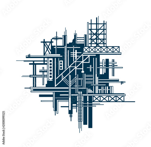 Blueprint of a construction site with scaffolding and beams  industrial architecture design