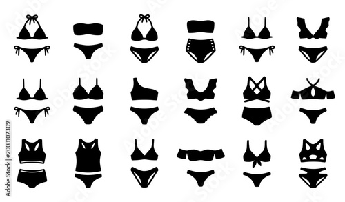 Fotografie Bikini icons set with stylish swimwear silhouettes in black including triangle b