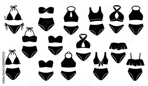Tablou pe pânză Bikini silhouette icon collection with stylish swimwear designs in creative layo