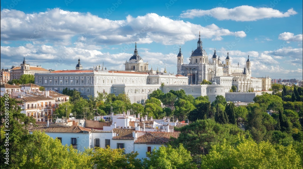 Fototapeta premium Panoramic Madrid cityscape with Royal Palace and Almudena Cathedral, historic architecture, green trees, blue sky, urban skyline and cultural landmark scenery in Spain