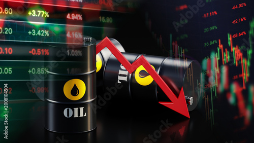 Crude oil price collapse and energy market instability triggered by shifting global demand and volatile trading metrics. Featuring black oil barrels with a sharp red downward arrow overlaid on live 