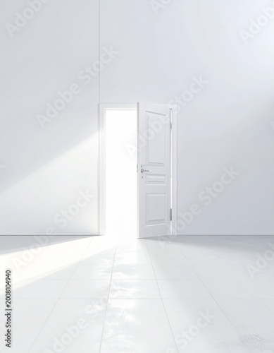 An open white door bathed in bright sunlight, symbolizing a new beginning, opportunity, and hope