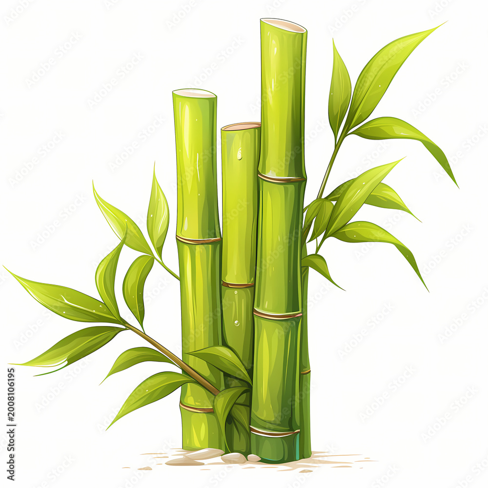 Fototapeta premium Bright green bamboo stalks with leaves on a white background.
