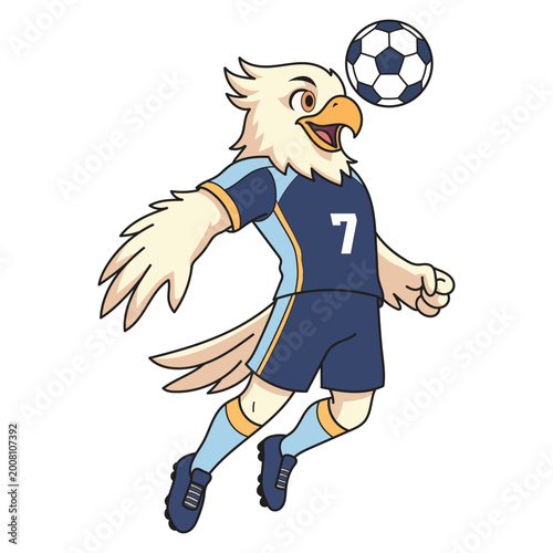 Cartoon eagle soccer player heading ball, dynamic sports mascot pose