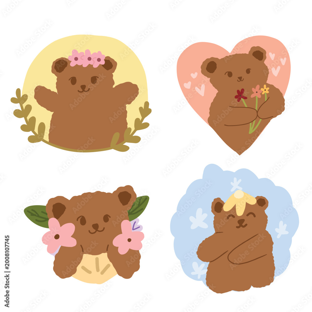 Fototapeta premium Cute Bear with Flowers and Decorative Frame Vector Set Hand Drawn Floral Animal Character Collection