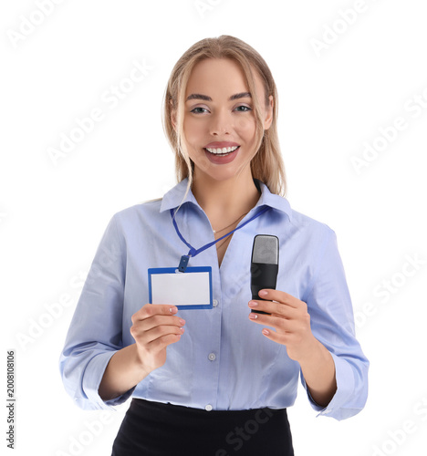 Female journalist with micr...