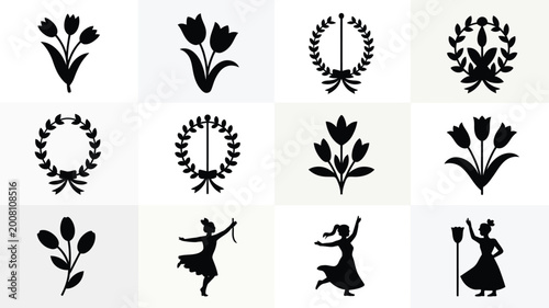 Foto Elegant black silhouettes of may day celebration symbols including tulips laurel