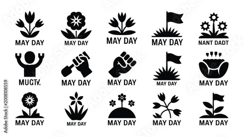 Foto Collection of may day icons featuring flowers flags and symbolic gestures for ce
