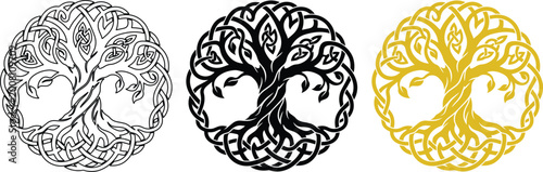 Fotografie Celtic tree of life vector set, mystical Yggdrasil symbol with knotwork roots an