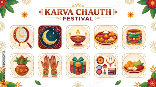 Foto Karva Chauth Festival Symbols with Moon Diya Thali Bangles Mehndi and Sweets