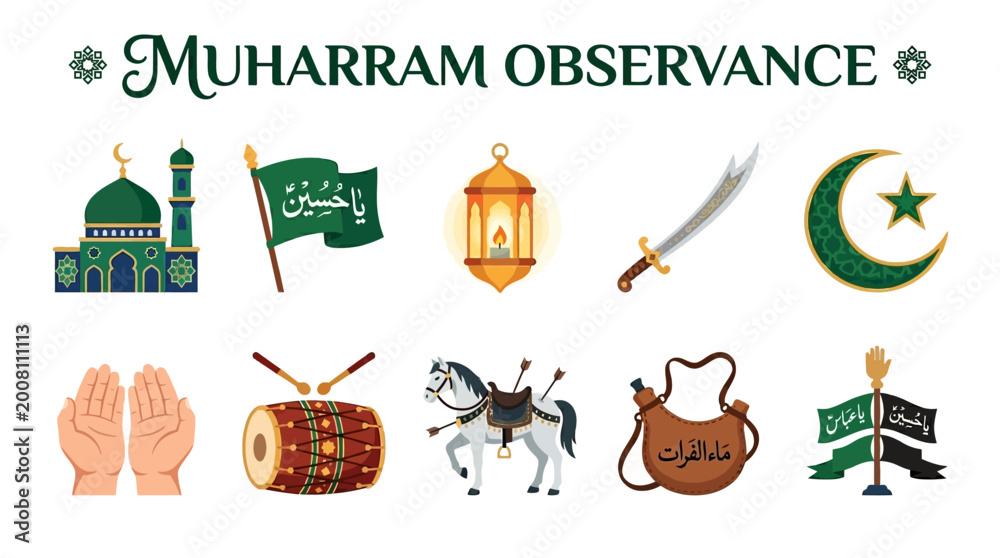 Αυτοκόλλητο Muharram Observance Symbols with Mosque Lantern Crescent Sword Drum and Prayer H