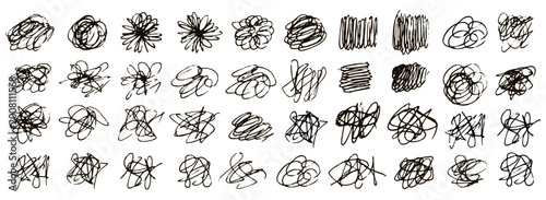 Pen Pencil Scribble Scratch Font Texture with Random Squiggle Circle Tangle. Abstract Doodle Pattern Set. Irregular Curve Stroke and Random Dot Scatter. Dirty Texture Background. Sketchy Ink Element