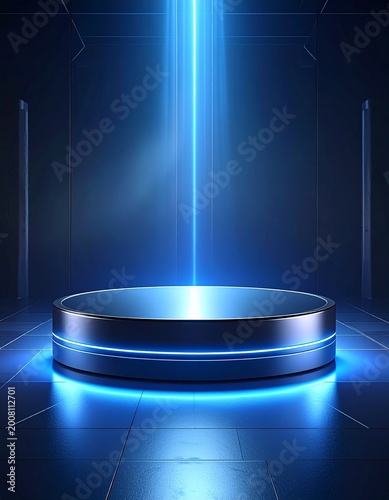Dynamic Blue Light Beam Illuminating an Empty Futuristic Podium, Ideal for High-Tech Product Reveal or Modern Digital Advertising Backdrop